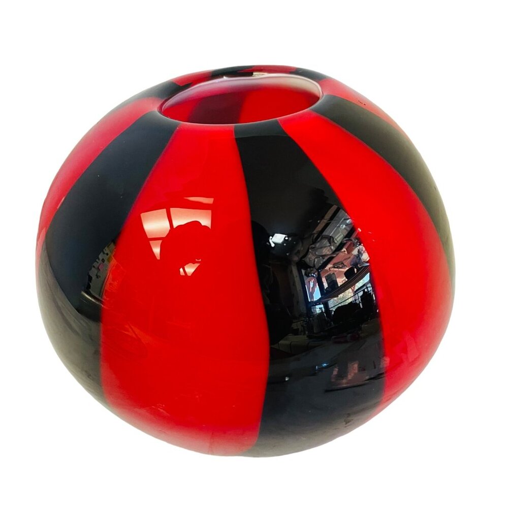 Hand-Blown Red & Black Striped‎ Glass Vase